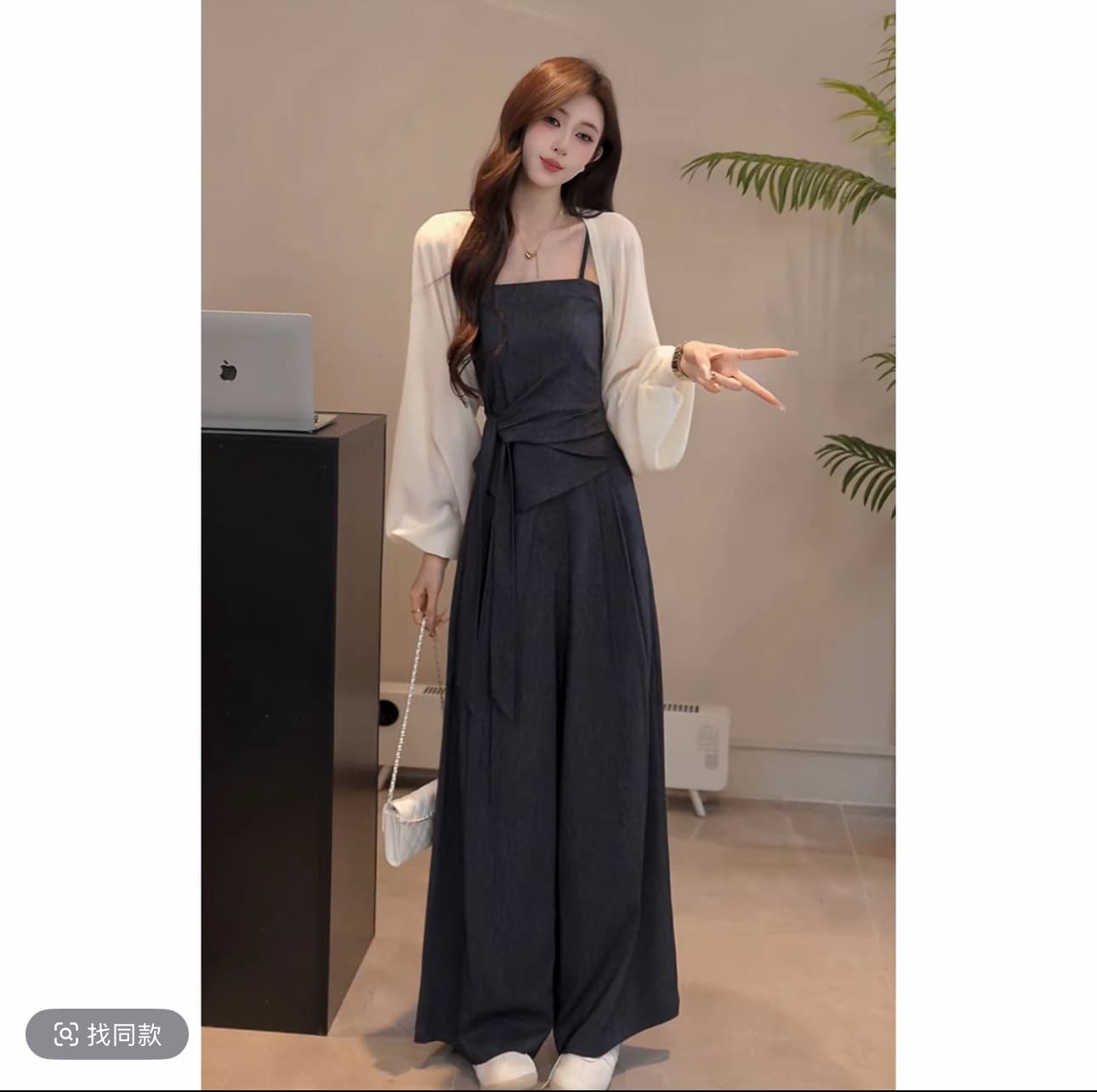 yuanliansu 둥근 얼굴 파삭 파삭 한 딩펑 주문 천 금빛 바람 오픈 가디건 캐미솔 와이드 레그 팬츠 세트 이미지 3