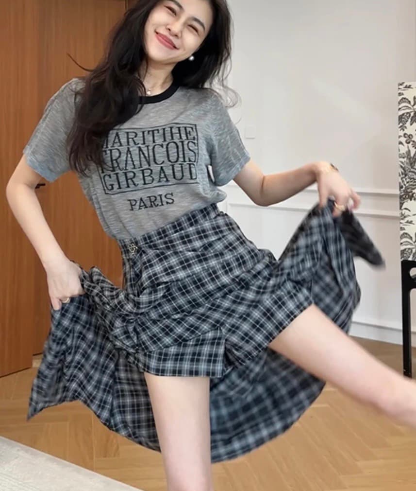 장 A 스타 자유 장 얇은 스타일 대나무 마디 마 니트 반팔 불규칙 체크무늬 치마바지 이미지 4