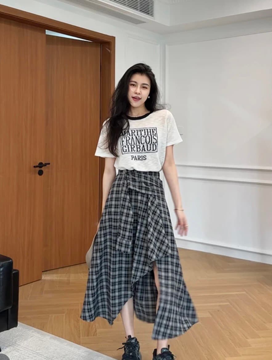 장 A 스타 자유 장 얇은 스타일 대나무 마디 마 니트 반팔 불규칙 체크무늬 치마바지 이미지 3