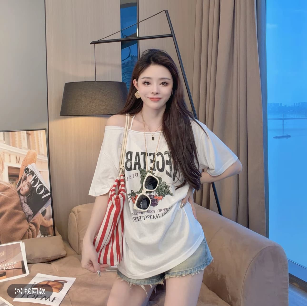 샤오 크릭 의류 새로운 여름 디자인 센스 비스듬한 어깨 알파벳 프린트 루즈핏 반팔 티셔츠 여성 이미지 2