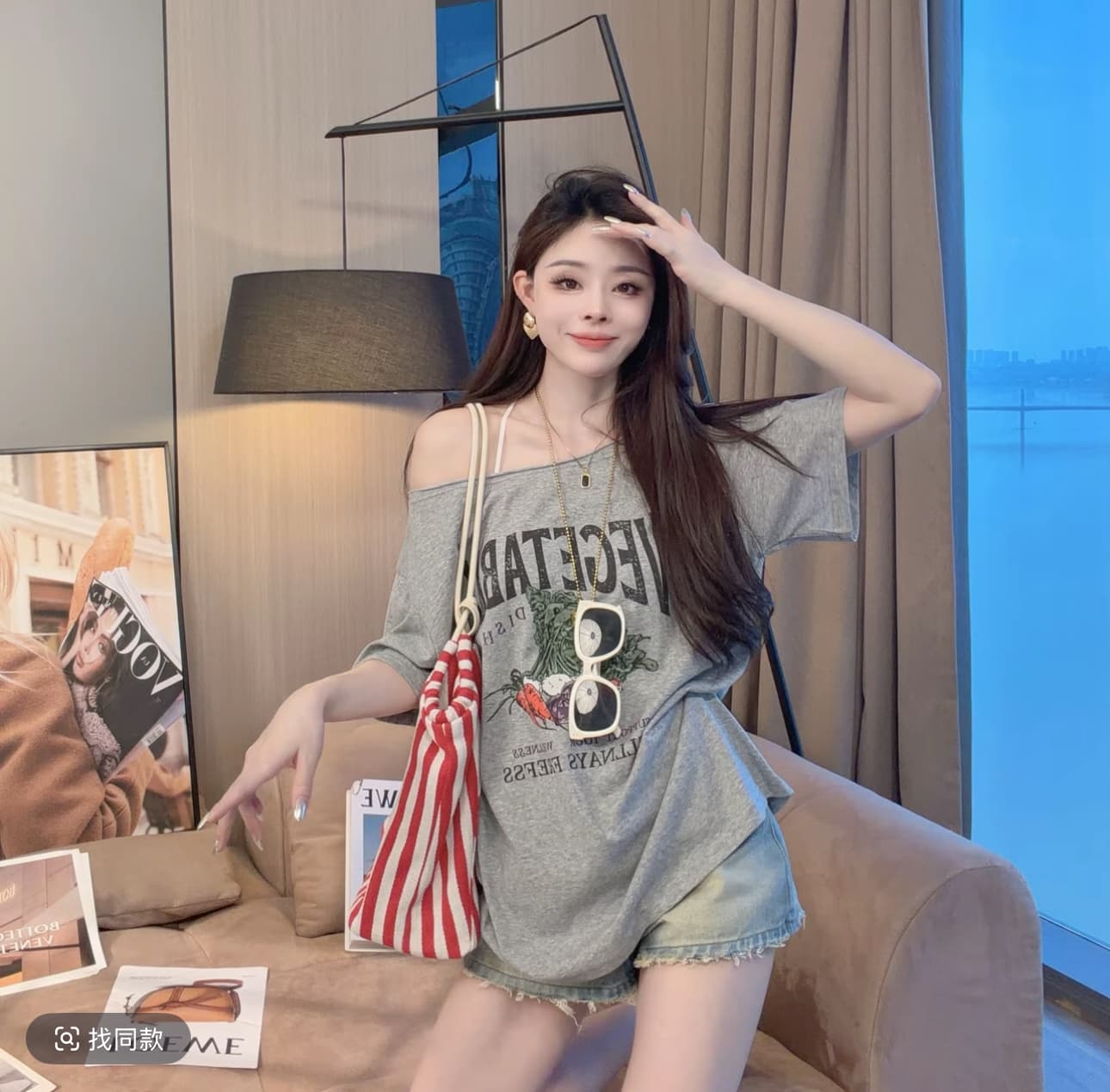 샤오 크릭 의류 새로운 여름 디자인 센스 비스듬한 어깨 알파벳 프린트 루즈핏 반팔 티셔츠 여성 이미지 5