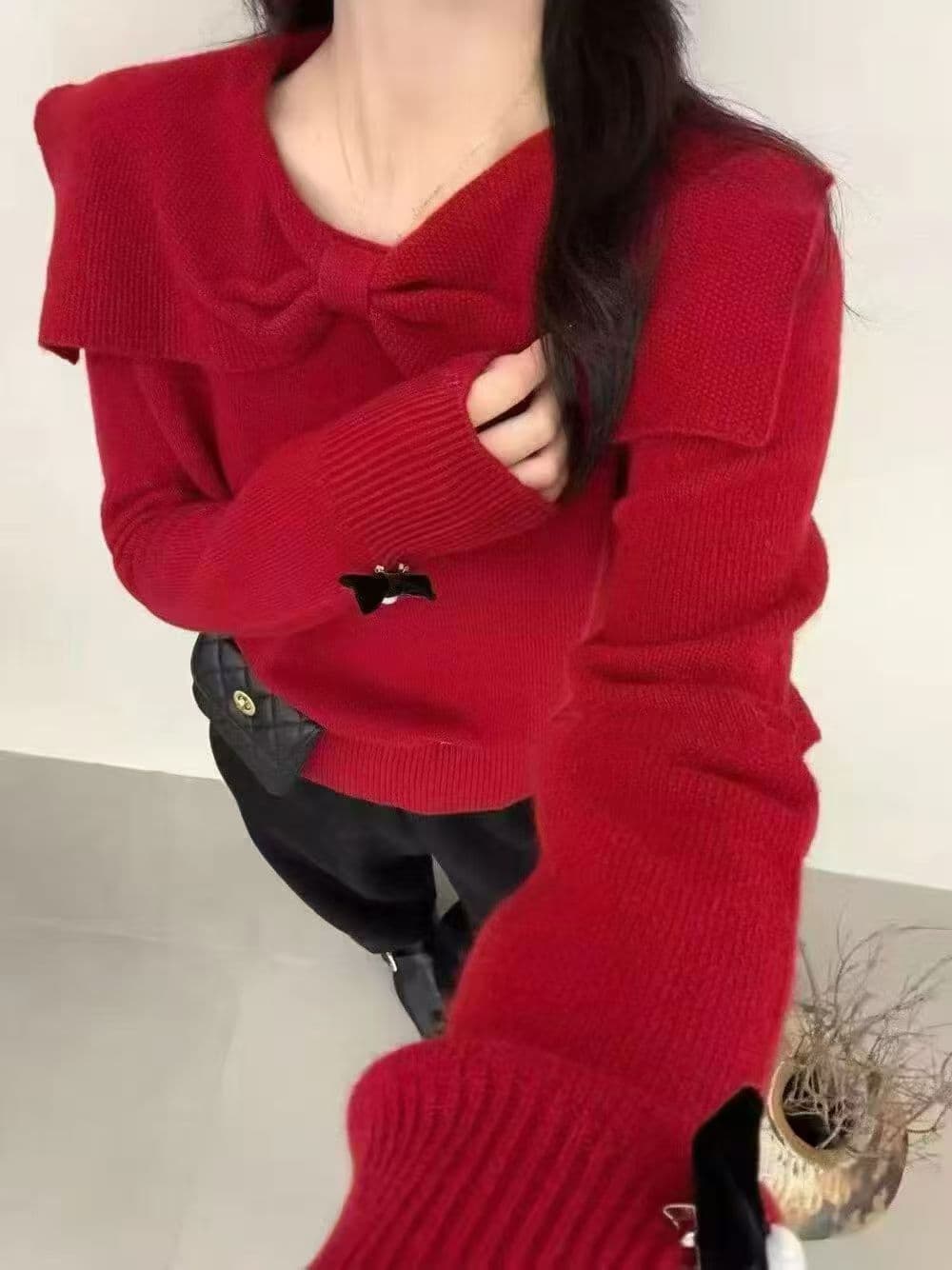대 나비 매듭 스웨터 양모 슬림해 보이는 분위기 센스 빨간색 맨위 여성 2026 새로운 스웨터 상세 이미지 5