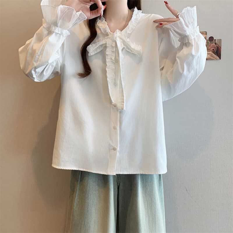 실사 2026 이른 봄 새로운 프릴 나비 넥타이 여성 셔츠 고급 센스 나팔 소매 루즈핏 맨위 상세 이미지 9