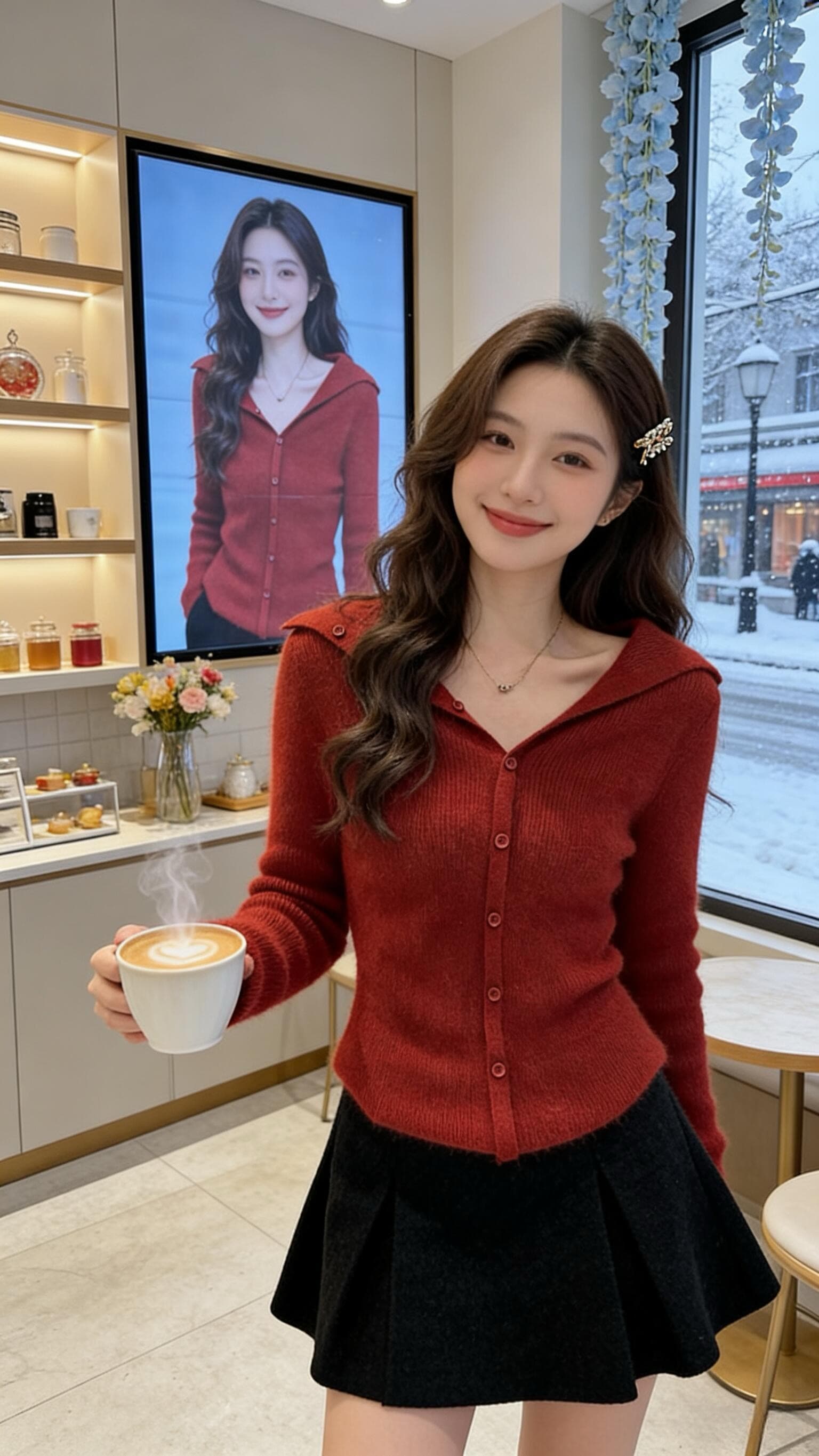 프랑스식 부드러운 분위기 센스 빅 칼라 이슬 쇄골 긴팔 아름다운 자이언트 잘 생긴 니트 스웨터 신년 인생 빨간색