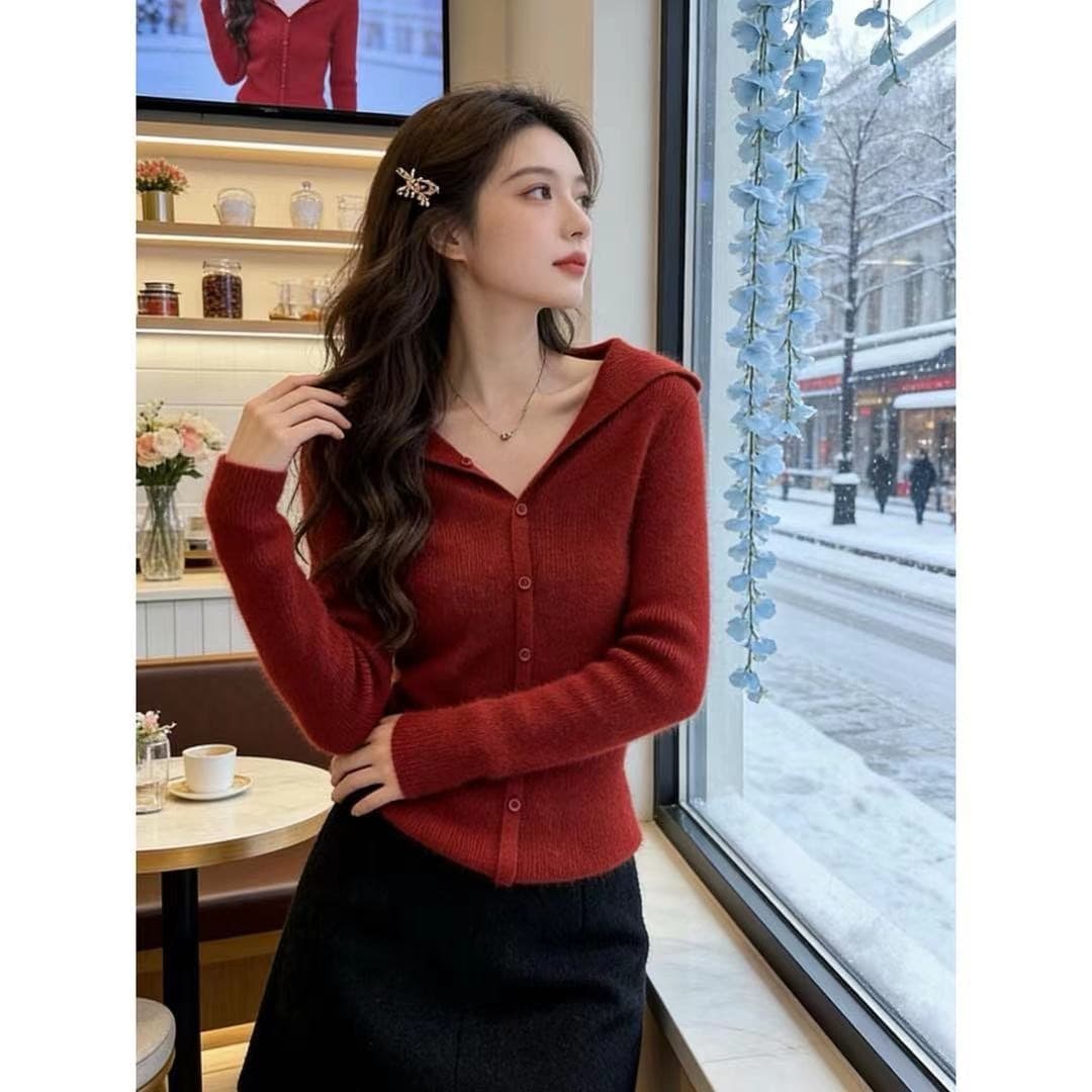 프랑스식 부드러운 분위기 센스 빅 칼라 이슬 쇄골 긴팔 아름다운 자이언트 잘 생긴 니트 스웨터 신년 인생 빨간색 이미지 5