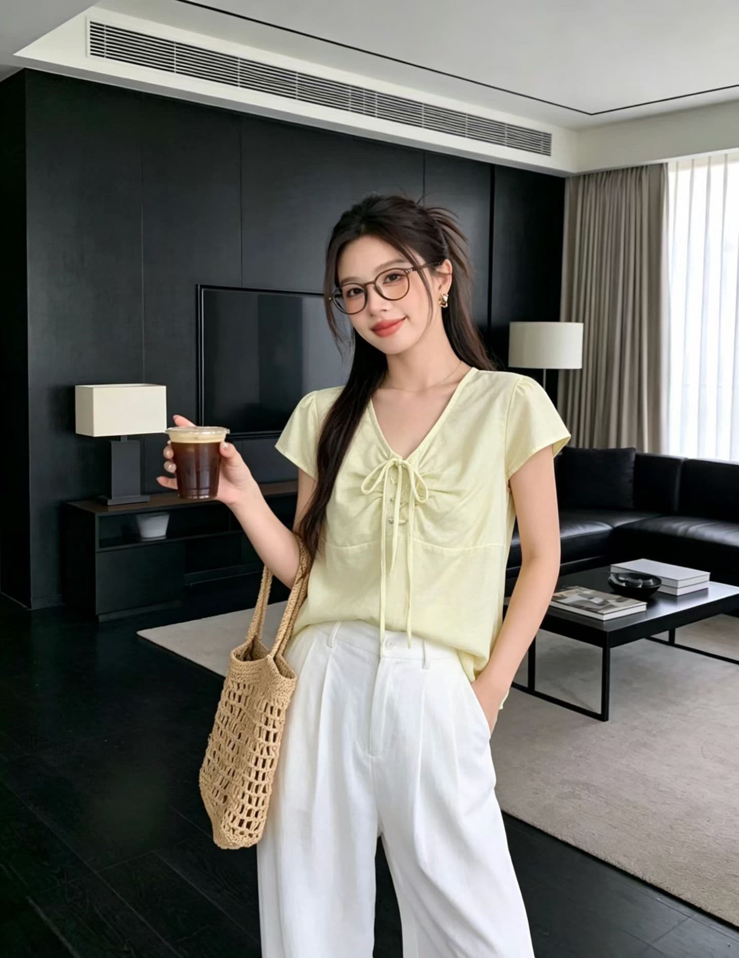 ego 프랑스식 낭만주의 V넥 펌프 로프 레이스업 주름 작은 날다 소매 반팔 티셔츠 여성 다용도 출퇴근 디자인 센스 맨위 이미지 2