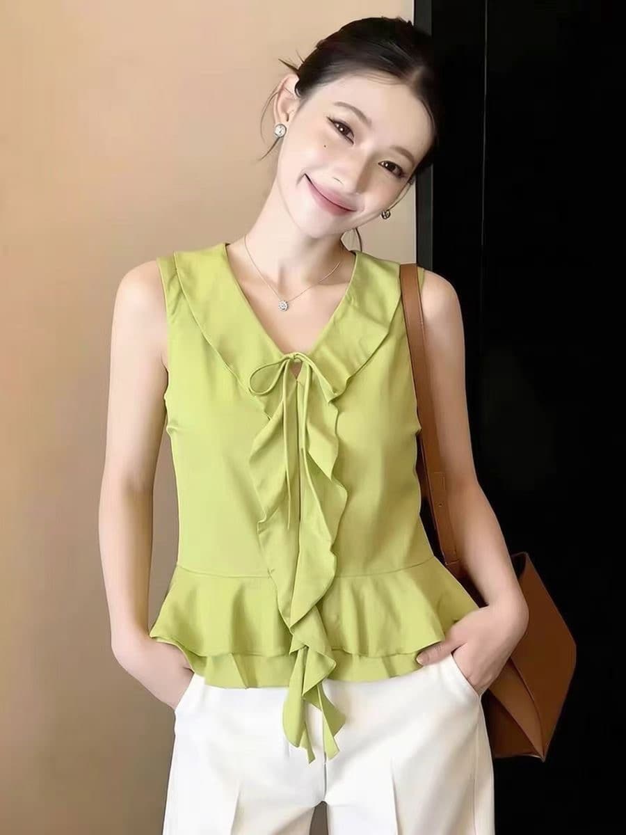 유럽 상품 2026 여름 새로운 조끼 여성 녹색 V넥 민소매 프릴 레이스업 다용도 디자인 센스 맨위 트렌디 상세 이미지 7