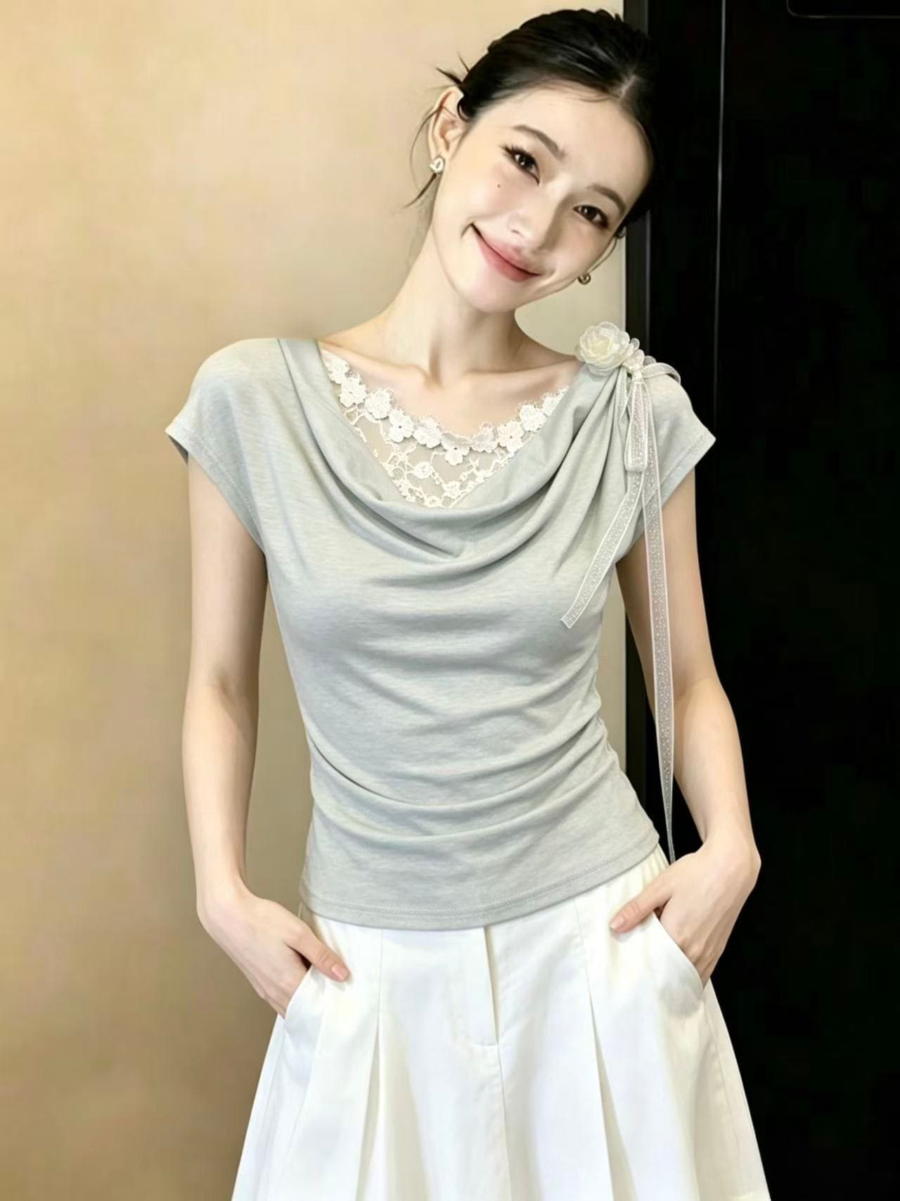 레이스 조각 페이크 레이어드 흔들다 칼라 오프숄더 반팔 티셔츠 여성 여름 새로운 주름 슬림해 보이는 맨위 chic 이미지 2