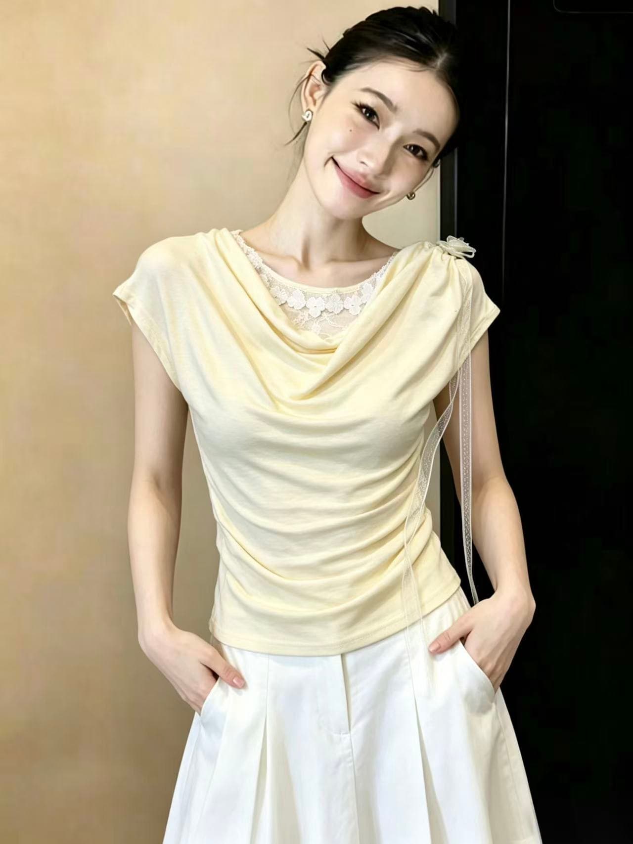 레이스 조각 페이크 레이어드 흔들다 칼라 오프숄더 반팔 티셔츠 여성 여름 새로운 주름 슬림해 보이는 맨위 chic 상세 이미지 4