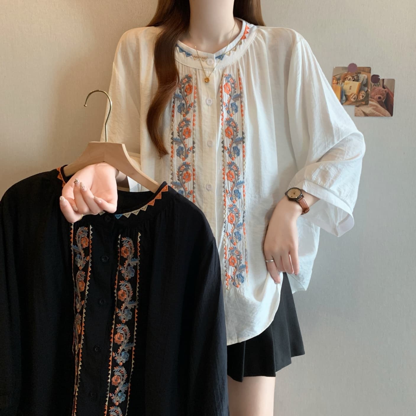 지방 mm 레트로 민족 스타일 자수 7부 소매 라미 셔츠 숲속 소녀 자수 면 린넨 맨위 여성 얇은 스타일 이미지 2