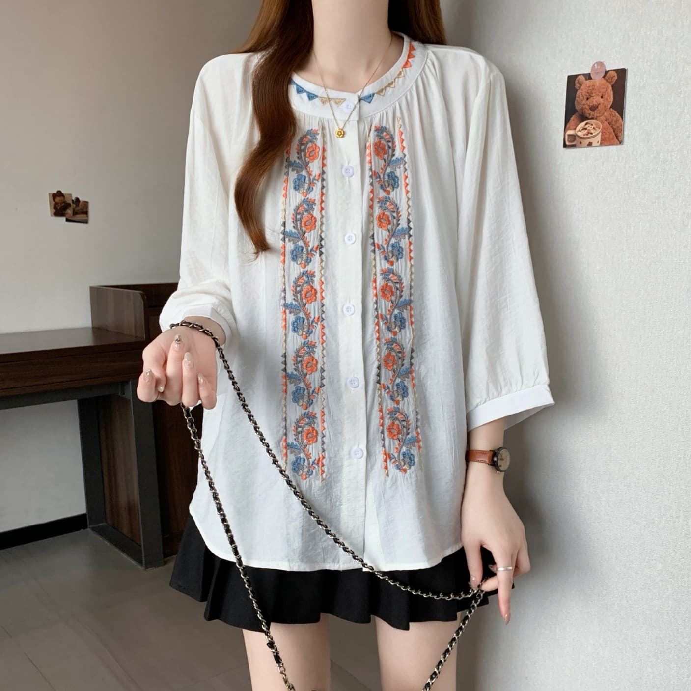 지방 mm 레트로 민족 스타일 자수 7부 소매 라미 셔츠 숲속 소녀 자수 면 린넨 맨위 여성 얇은 스타일 상세 이미지 10