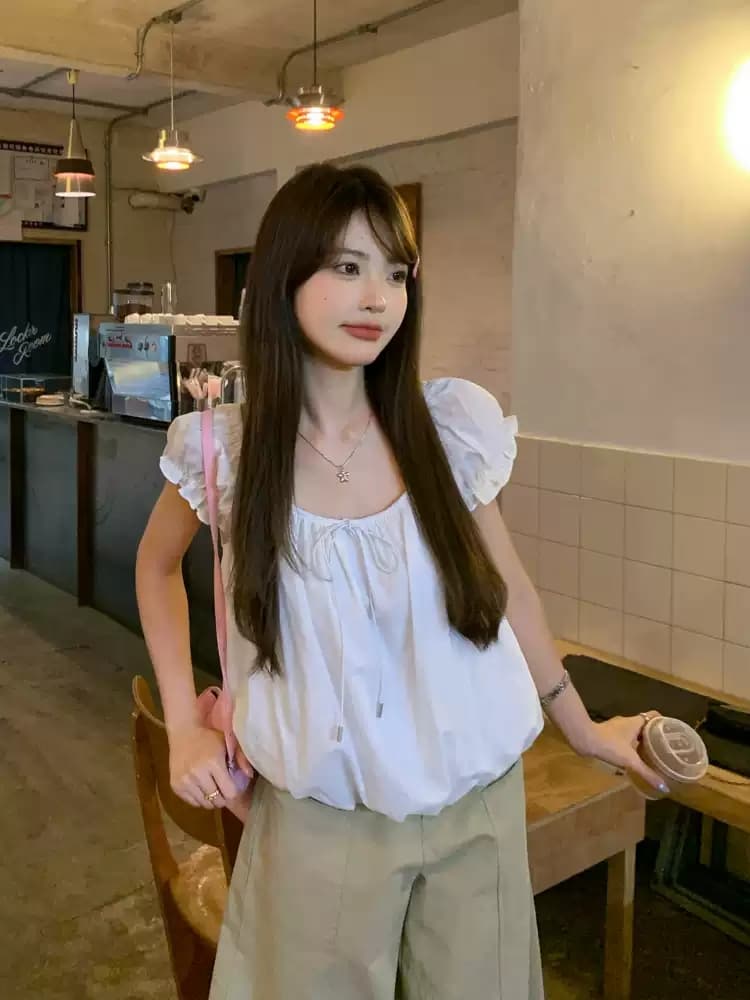 한 부서 달콤함 밝은색 라운드 넥 버블 반팔 여성 셔츠 여름 새로운 슈퍼 잘 생긴 루즈핏 슬림해 보이는 인형 셔츠 맨위 상세 이미지 7
