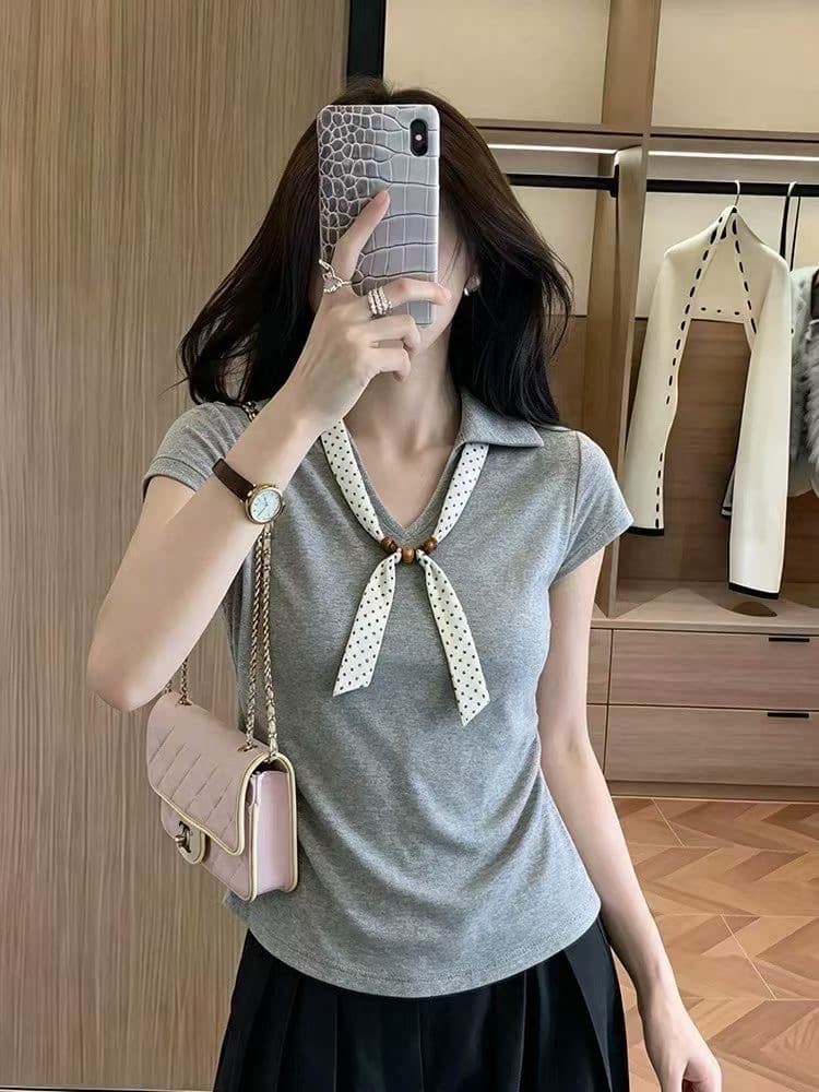 한 부서 품격 경기 스카프 폴로 칼라 반팔 여성 2026 년 여름 새로운 품격 다용도 연령 감소 맨위