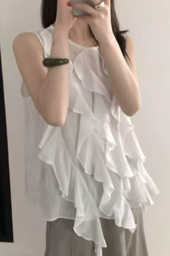 재고 있음 열세 개 여름 드레스 새로운 달콤함 부드러운 바람 프릴 민소매 여성 셔츠 루즈핏 인형 작은 셔츠 조끼 이미지 6