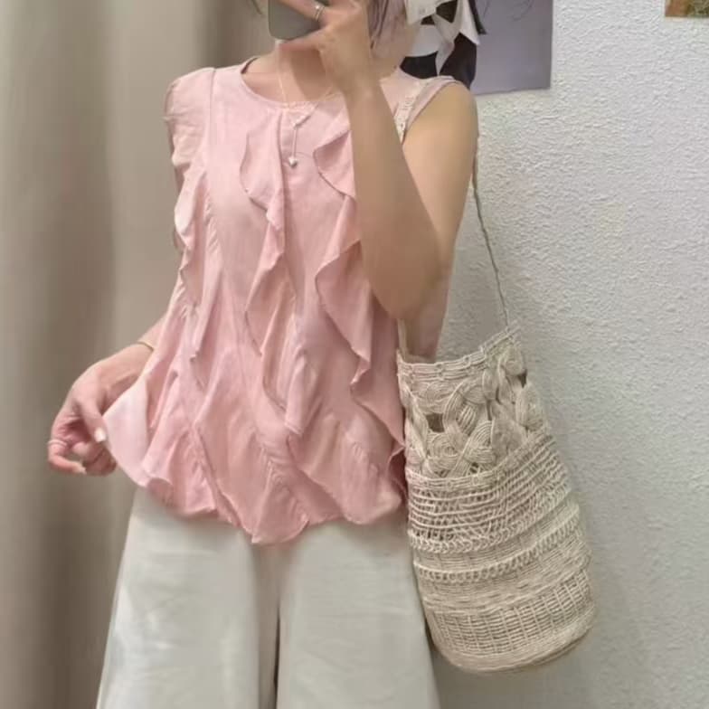 재고 있음 열세 개 여름 드레스 새로운 달콤함 부드러운 바람 프릴 민소매 여성 셔츠 루즈핏 인형 작은 셔츠 조끼 상세 이미지 4
