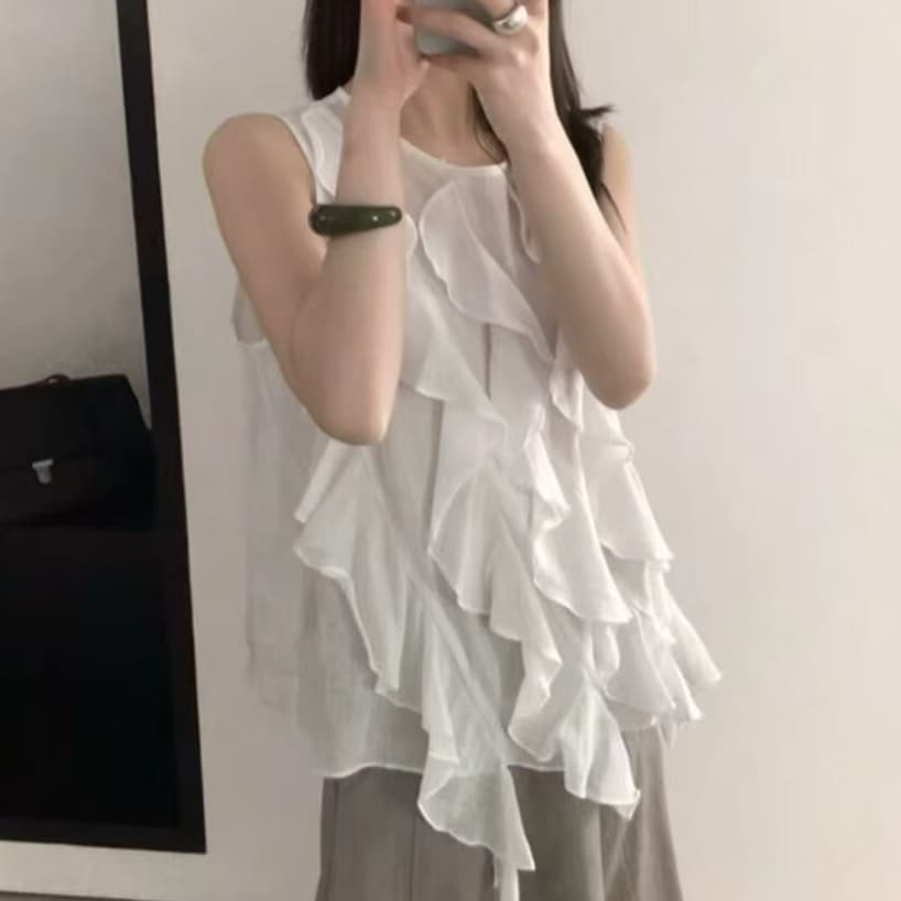 재고 있음 열세 개 여름 드레스 새로운 달콤함 부드러운 바람 프릴 민소매 여성 셔츠 루즈핏 인형 작은 셔츠 조끼 상세 이미지 9