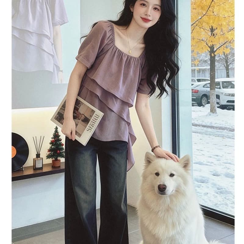 프랑스식 광장 칼라 프릴 쉬폰 셔츠 여성 여름 새로운 한 부서 연령 감소 품격 슬림해 보이는 불규칙 맨위 이미지 3