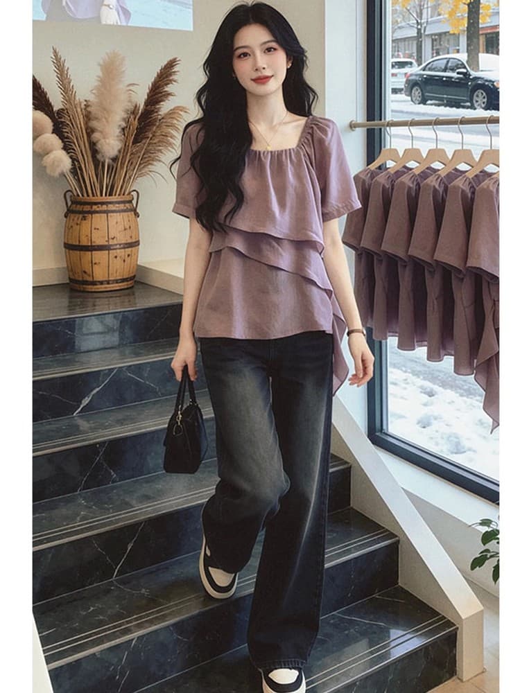 프랑스식 광장 칼라 프릴 쉬폰 셔츠 여성 여름 새로운 한 부서 연령 감소 품격 슬림해 보이는 불규칙 맨위 이미지 4