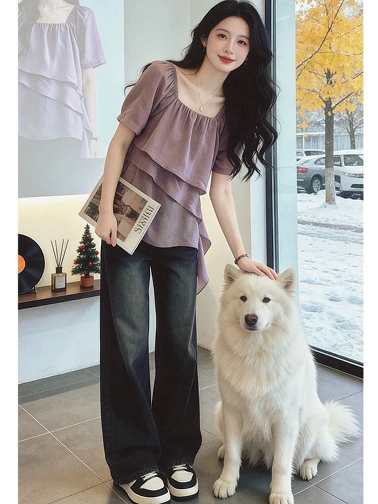 프랑스식 광장 칼라 프릴 쉬폰 셔츠 여성 여름 새로운 한 부서 연령 감소 품격 슬림해 보이는 불규칙 맨위 상세 이미지 6