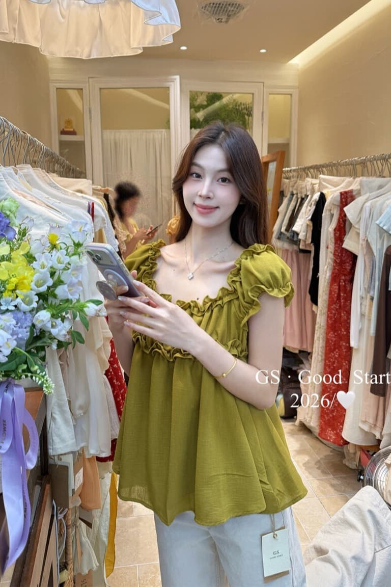 여름 풀오버 슬림해 보이는 반팔 캐주얼 맨위 부드러운 달콤함 밴딩 프릴 거품 소매 작은 셔츠 여성 이미지 6