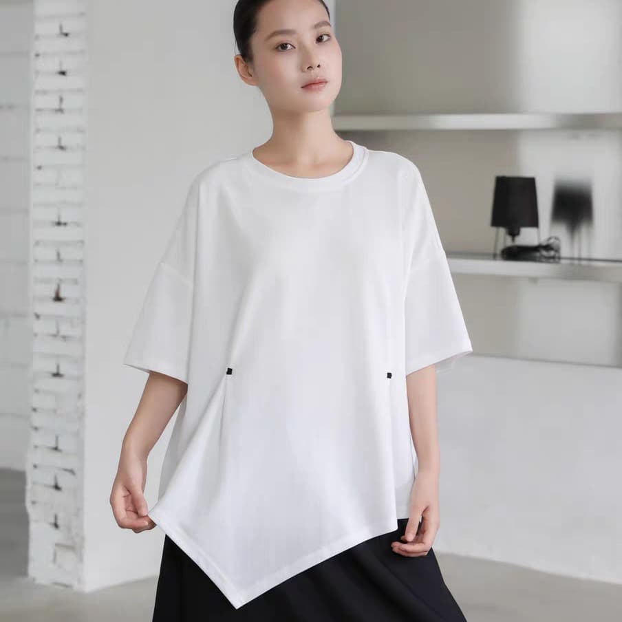 지방 mm 불규칙 디자인 펌프 로프 반팔 티셔츠 여성 여름 새로운 미니멀리즘 루즈핏 다용도 외국 가스 맨위 이미지 4