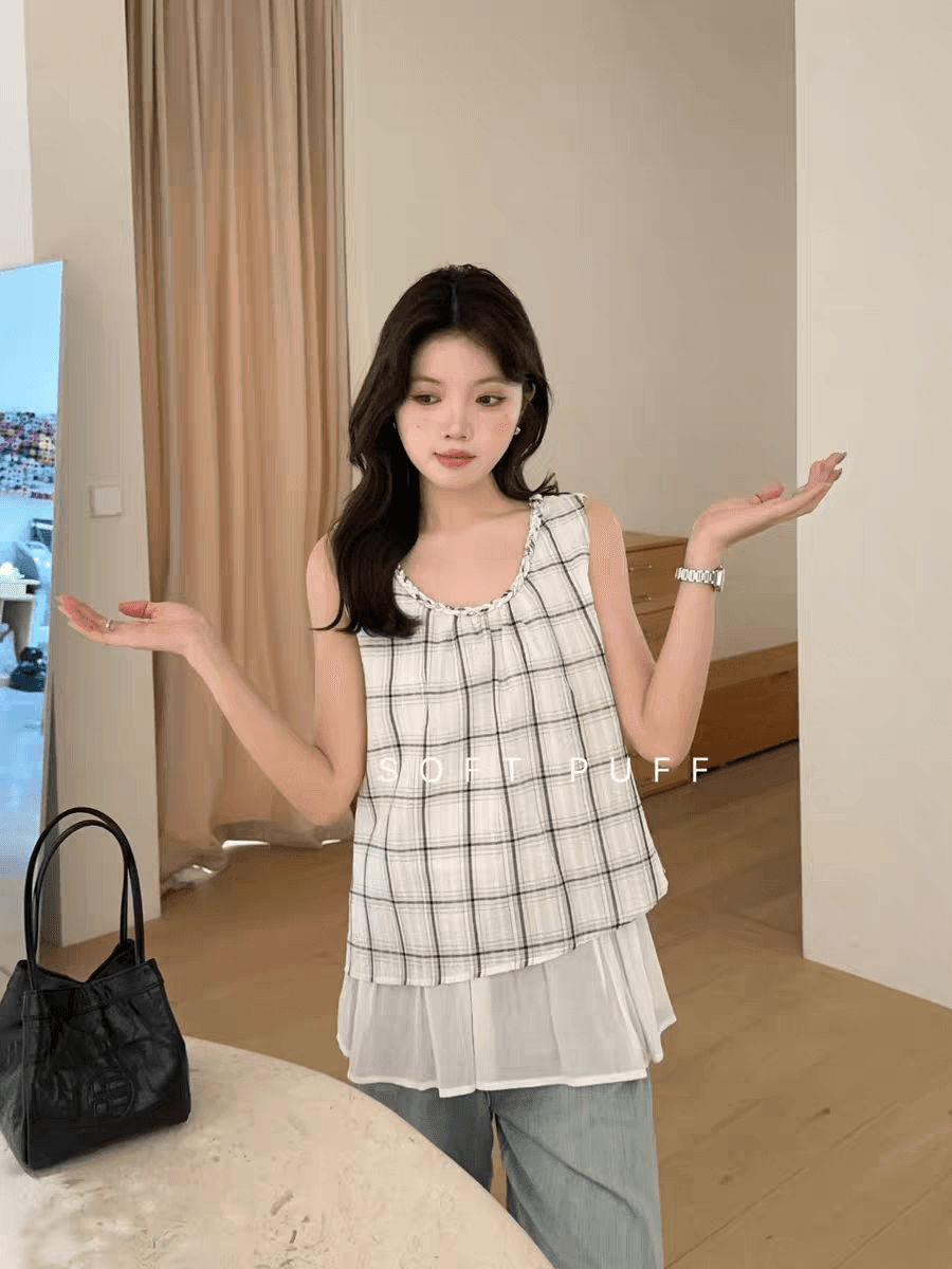 여름 꼰 로프 라운드 넥 디자인 민소매 조끼 여성 레저 다용도 이중층 밑단 루즈핏 맨위 셔츠 상세 이미지 12
