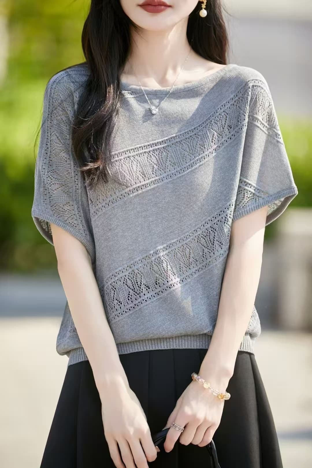프랑스식 부드러운 바람 홀로우 아웃 자수 길이 반팔 니트 티셔츠 여성 여름 얇은 루즈핏 통기성 계절 외국 가스 맨위 상세 이미지 10