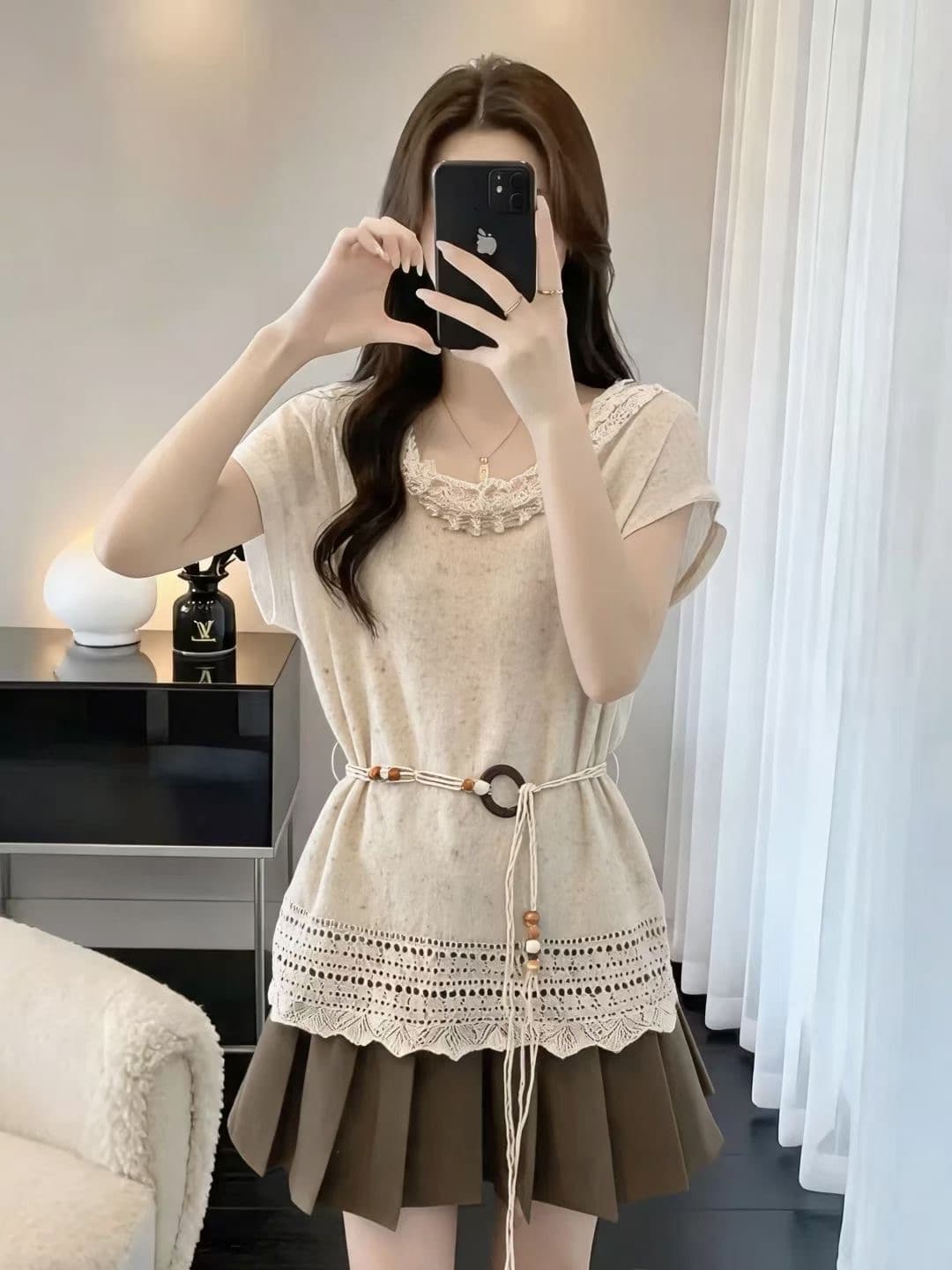 품격 프랑스식 홀로우 아웃 레이스업 허리 수축 니트 스웨터 여성 여름 빅 사이즈 지방 mm 레트로 표지 고기 슬림해 보이는 Chic 맨위 이미지 2