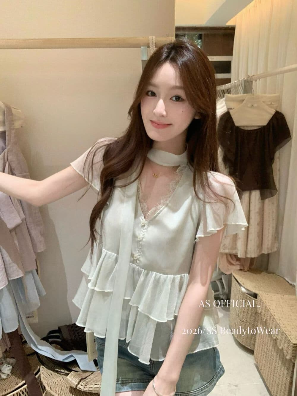 프랑스식 V넥 프릴 리본 여성 셔츠 여름 달콤한 스타일 슬림해 보이는 계층의 감각 슬림해 보이는 다용도 품격 맨위 이미지 2