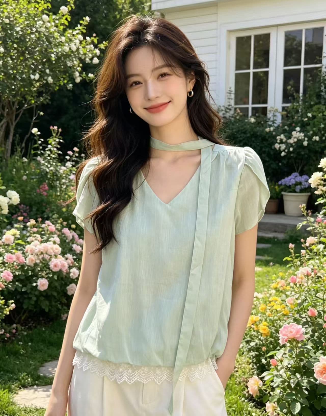 한 부서 만나는 V넥 리본 빅 사이즈 여성 셔츠 여름 Chic 작은 셔츠 디자인 센스 루즈핏 슬림해 보이는 품격 맨위