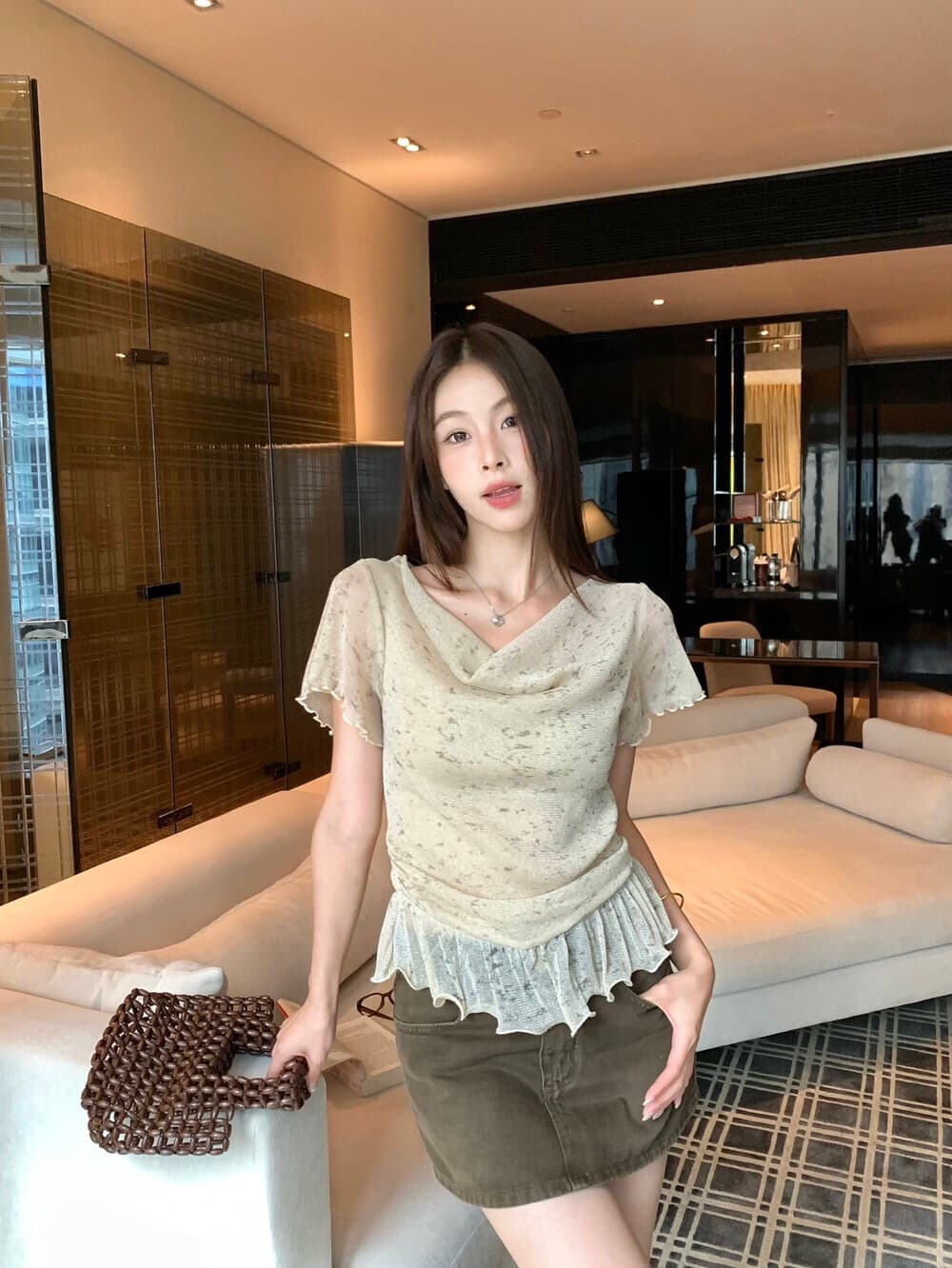 2026 여름 한 부서 품격 흔들다 칼라 프릴 좋은 플래시 얇은 스타일 반팔 니트 스웨터 몸매 가꾸기 맨위 이미지 4