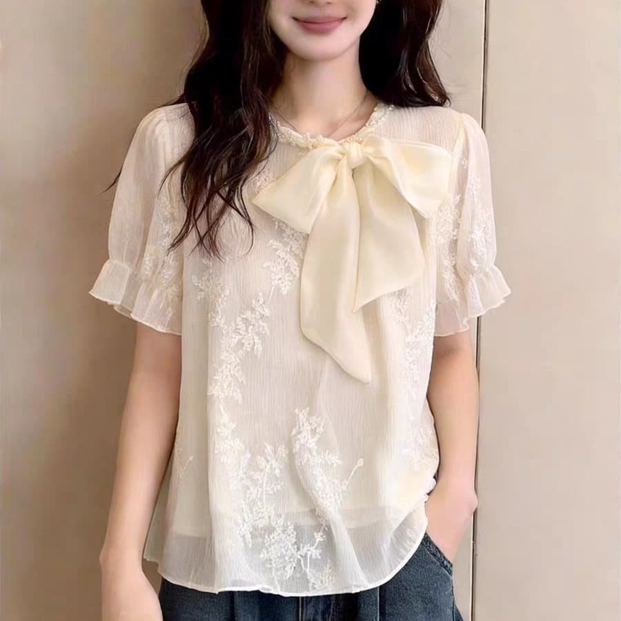 프랑스식 고급 센스 무거운 작업 비즈 박기 리본 쉬폰 블라우스 여성 의류 여름 고유 한 아름다운 자카드 자수 작은 셔츠 맨위 이미지 5