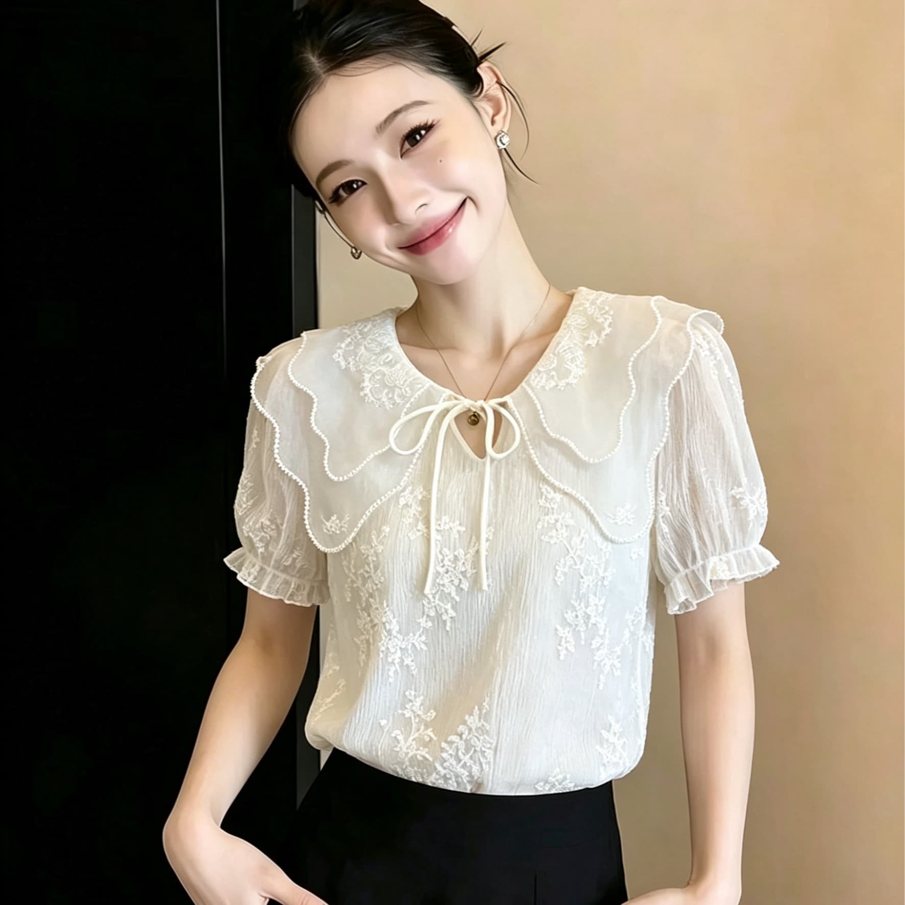 베이비 칼라 레이스 자수 쉬폰 반팔 여성 셔츠 2026 새로운 여름 슬림해 보이는 연령 감소 맨위 이미지 4