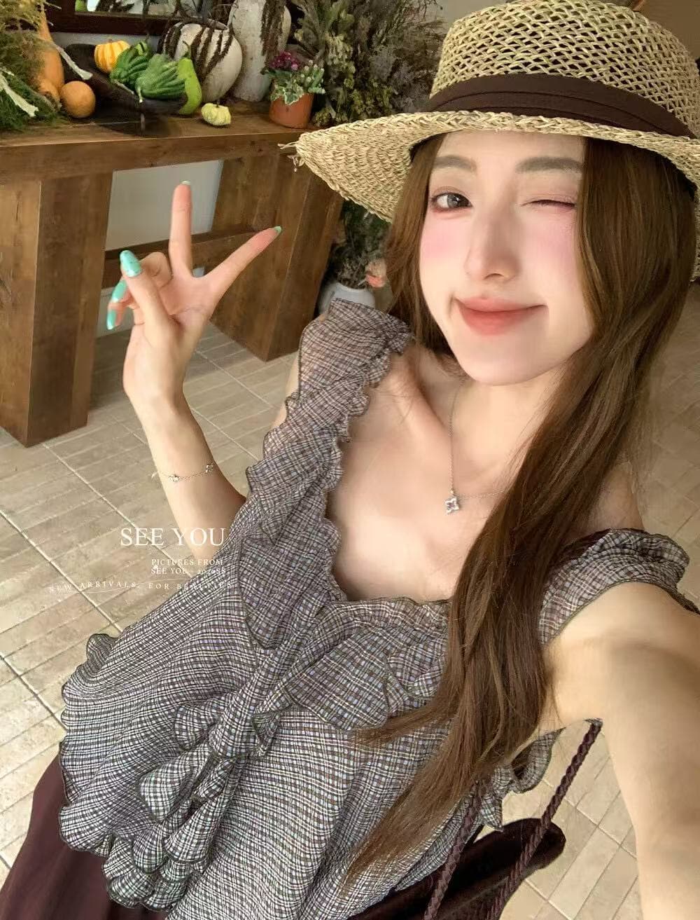한 부서 작은 청신 체크무늬 프릴 민소매 맨위 여성 여름 새로운 외출용 작은 조끼 디자인 센스 작은 대중 상세 이미지 7