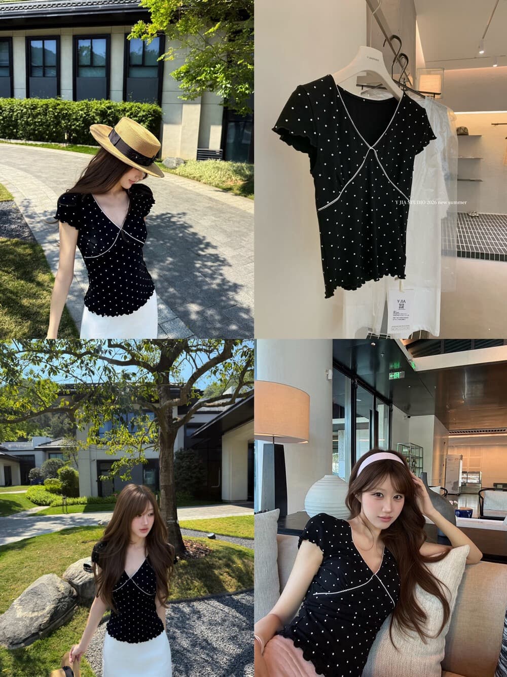도트 무늬 정원 검정색 도트 무늬 V넥 반팔 작은 셔츠 이미지 2