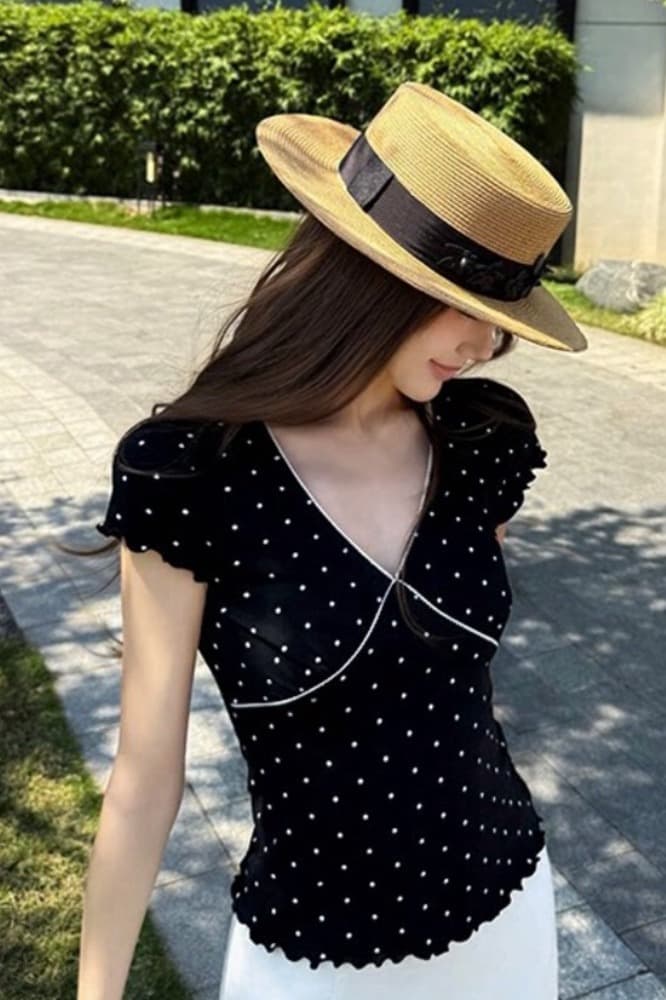 도트 무늬 정원 검정색 도트 무늬 V넥 반팔 작은 셔츠 이미지 5
