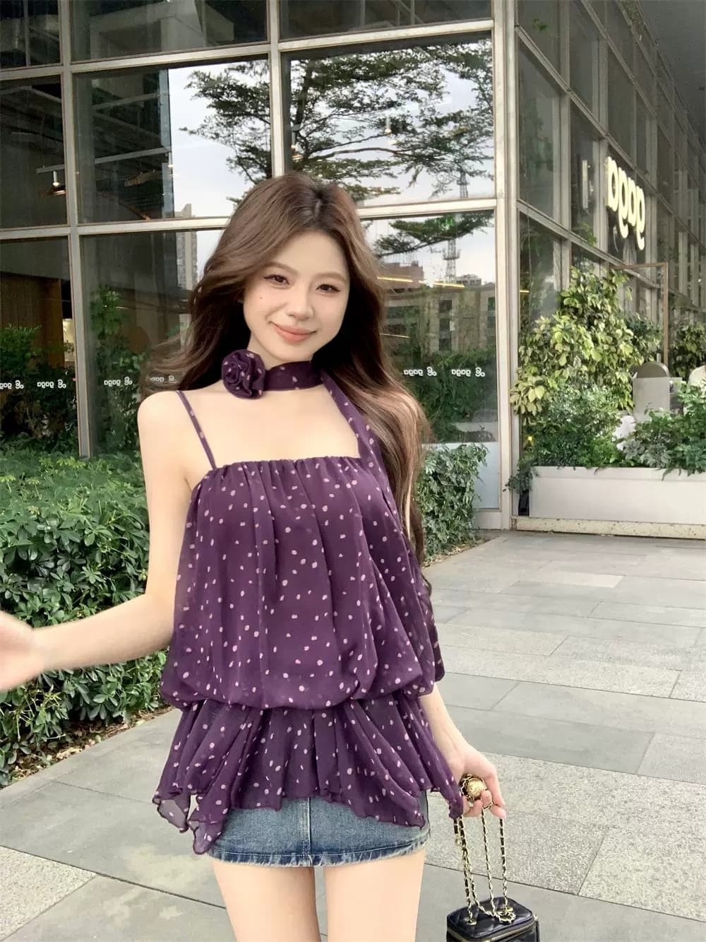 달콤한 핫걸 보라색 도트 무늬 캐미솔 여름 디자인 센스 프릴 허리 수축 슬림해 보이는 아름다운 행침 목 맨위 상세 이미지 1