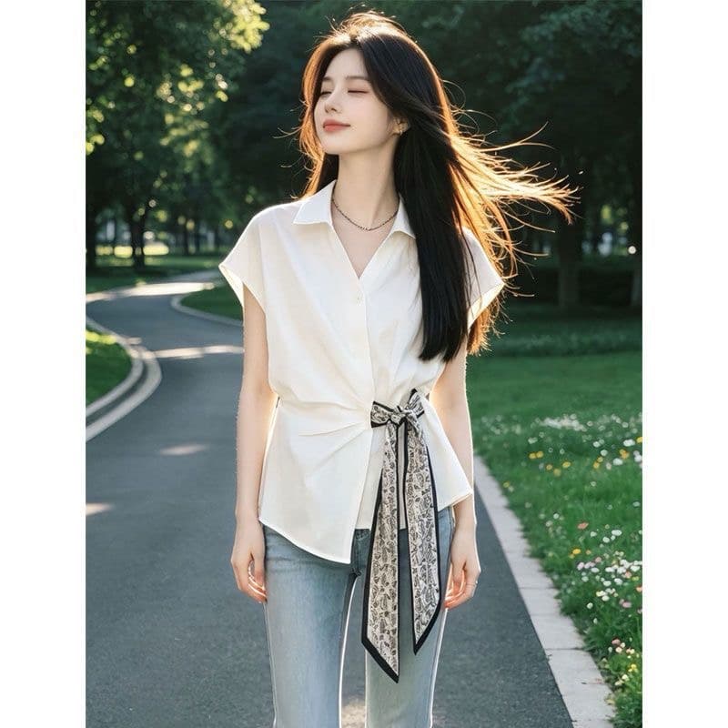 프랑스식 화이트 폴로 칼라 반팔 여성 셔츠 여름 디자인 센스 스카프 레이스업 허리 수축 품격 사소한 아름다운 맨위 이미지 5