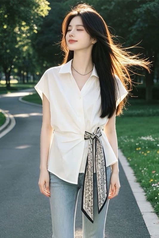 프랑스식 화이트 폴로 칼라 반팔 여성 셔츠 여름 디자인 센스 스카프 레이스업 허리 수축 품격 사소한 아름다운 맨위 이미지 6