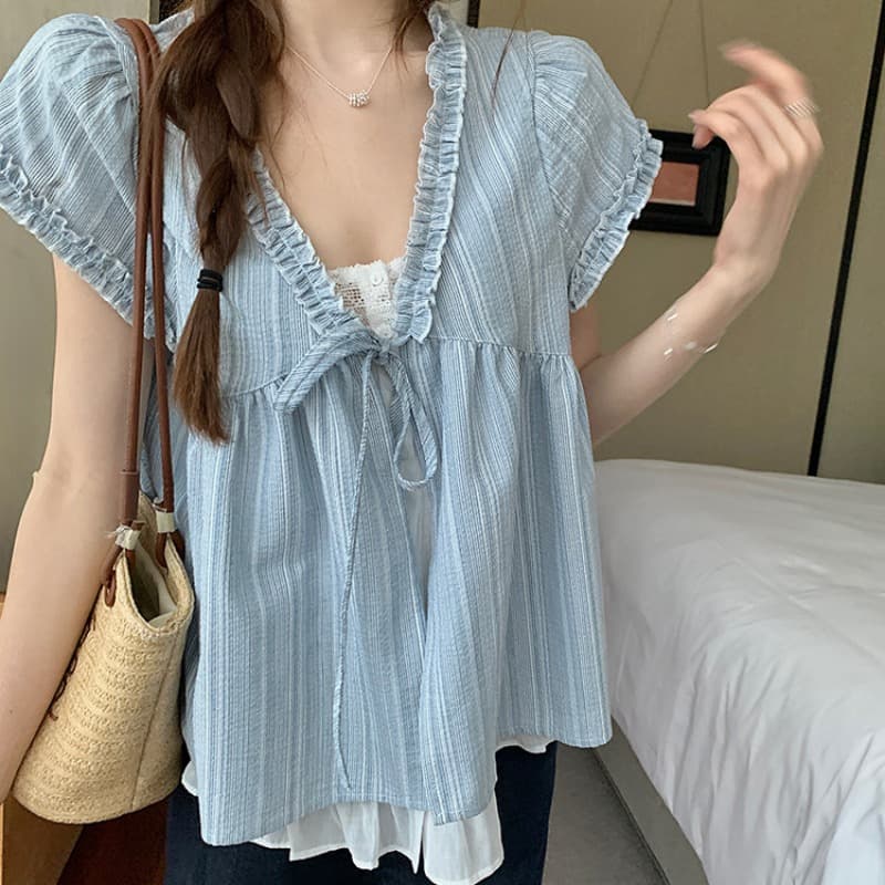 루즈핏 한국 스타일 페이크 레이어드 반팔 파란색 인형 셔츠 V 넥 셔츠 프릴 레이스업 디자인 센스 맨위 이미지 3