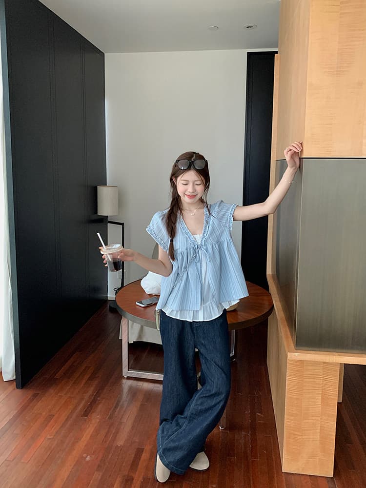 루즈핏 한국 스타일 페이크 레이어드 반팔 파란색 인형 셔츠 V 넥 셔츠 프릴 레이스업 디자인 센스 맨위 상세 이미지 7