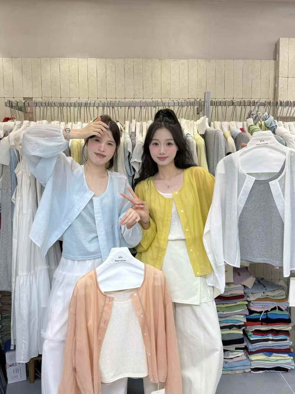 vi+ 열세 개 여름 미니멀리즘 편안한 디자인 센스 태양 보호 셔츠 다용도 조끼 세트 여성