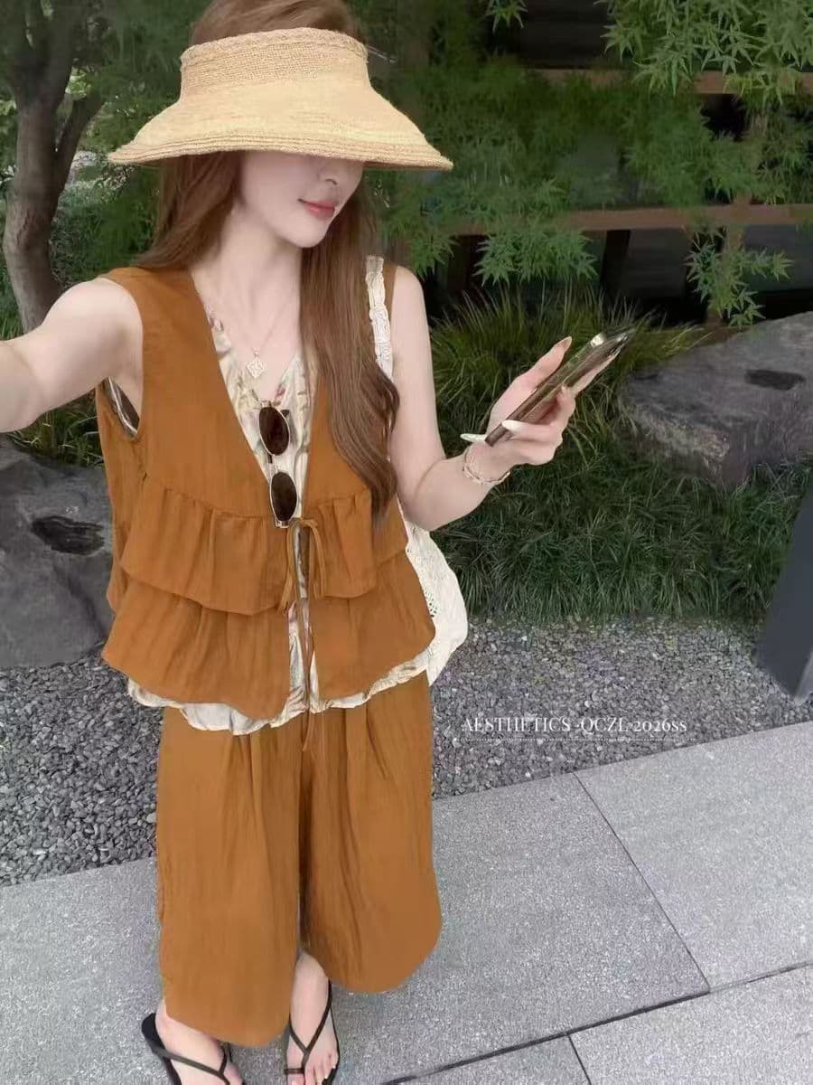 레이스업 패치워크 페이크 레이어드 민소매 조끼 맨위 아마 와이드 레그 팬츠 두 조각 여성 세트 2026 여름 새로운 상세 이미지 7
