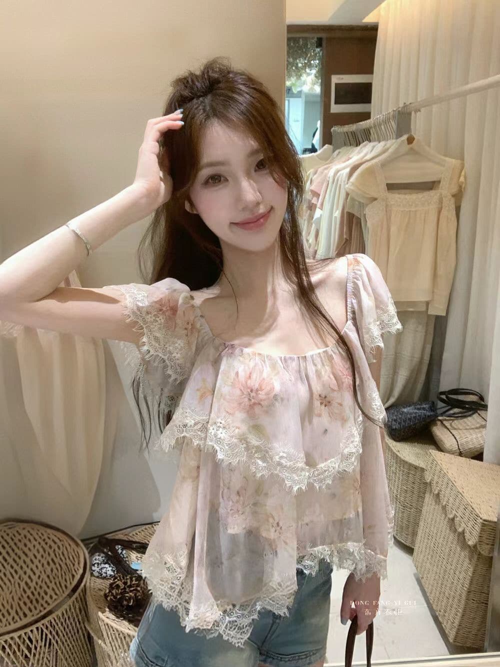 2026 년 여름 새로운 한국 스타일 열세 개 출퇴근 바람 루즈핏 Feifei 소매 레이스 레이스 꽃무늬 풀오버 작은 셔츠 이미지 4
