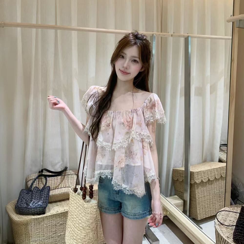 2026 년 여름 새로운 한국 스타일 열세 개 출퇴근 바람 루즈핏 Feifei 소매 레이스 레이스 꽃무늬 풀오버 작은 셔츠