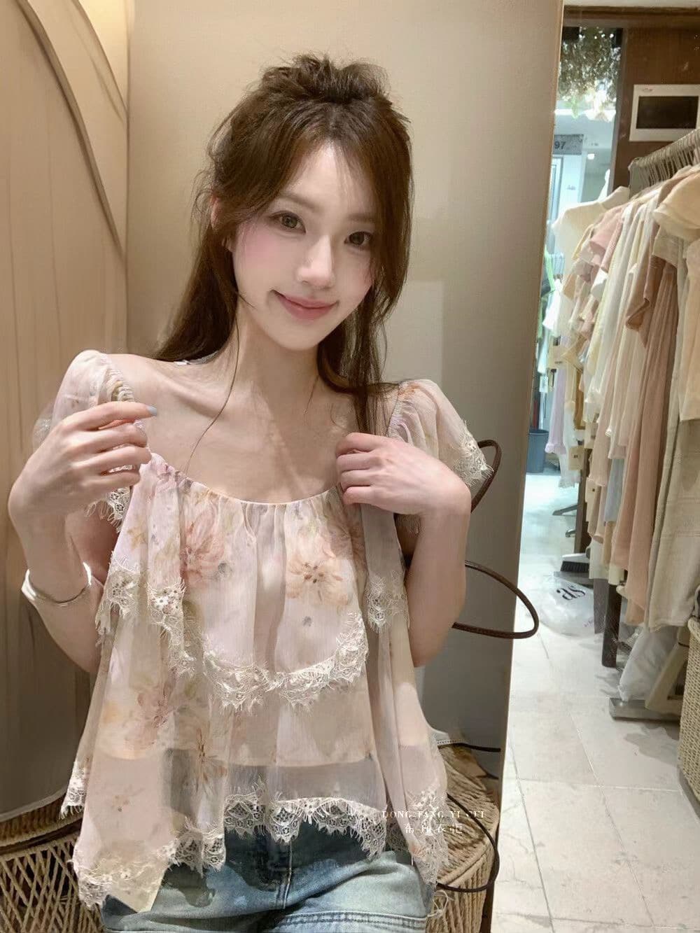 2026 년 여름 새로운 한국 스타일 열세 개 출퇴근 바람 루즈핏 Feifei 소매 레이스 레이스 꽃무늬 풀오버 작은 셔츠 상세 이미지 3