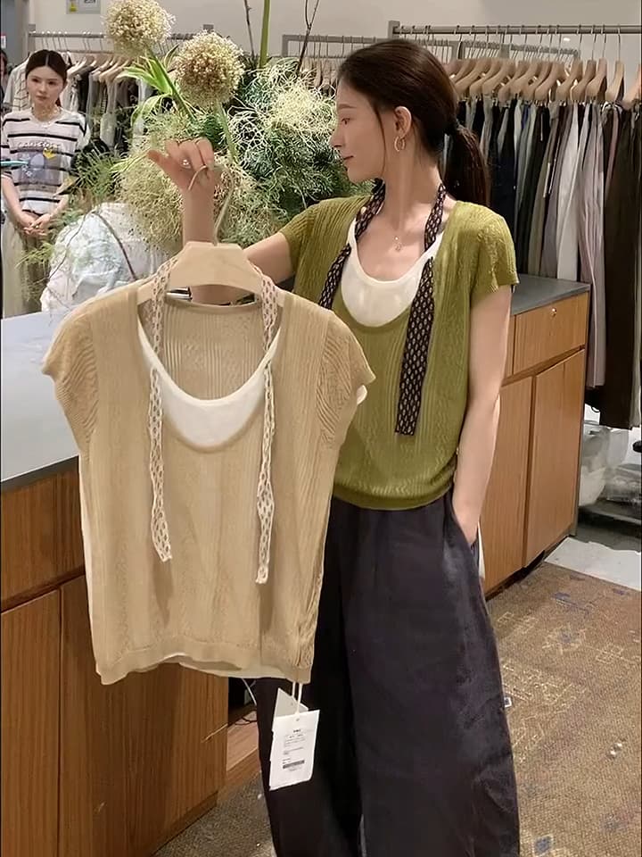 있음 도착 고급 센스 작은 스카프 니트 반팔 티셔츠 여성 여름 얇은 스타일 디자인 센스 작은 대중 페이크 레이어드 상세 이미지 1
