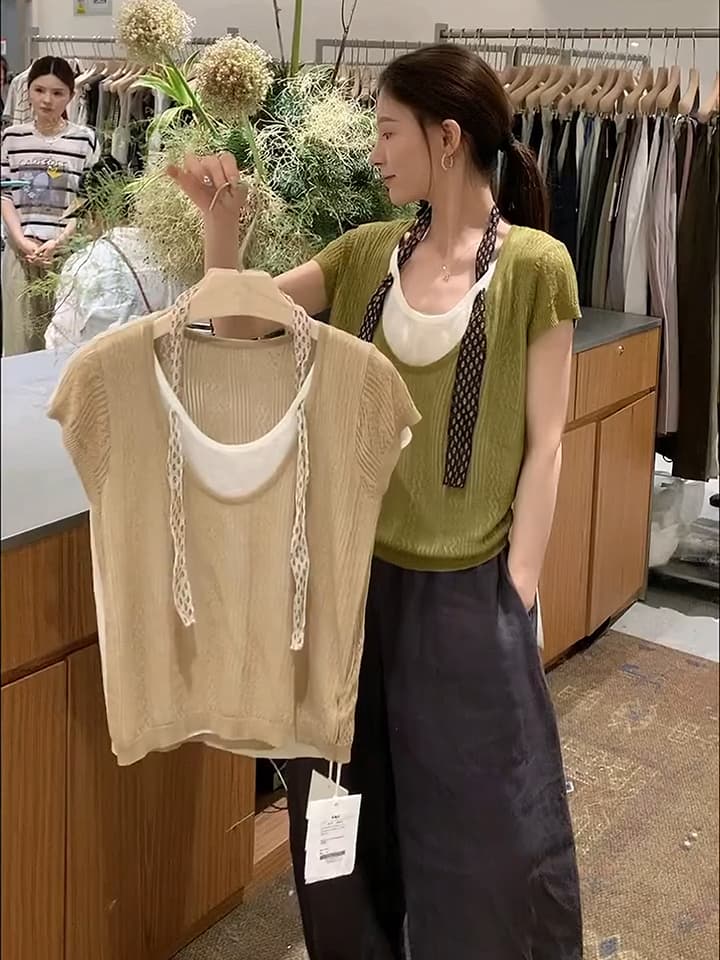 있음 도착 고급 센스 작은 스카프 니트 반팔 티셔츠 여성 여름 얇은 스타일 디자인 센스 작은 대중 페이크 레이어드 상세 이미지 2