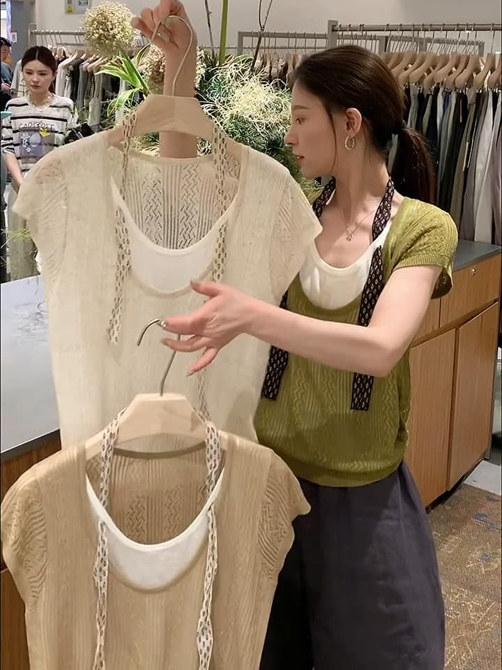있음 도착 고급 센스 작은 스카프 니트 반팔 티셔츠 여성 여름 얇은 스타일 디자인 센스 작은 대중 페이크 레이어드 상세 이미지 4