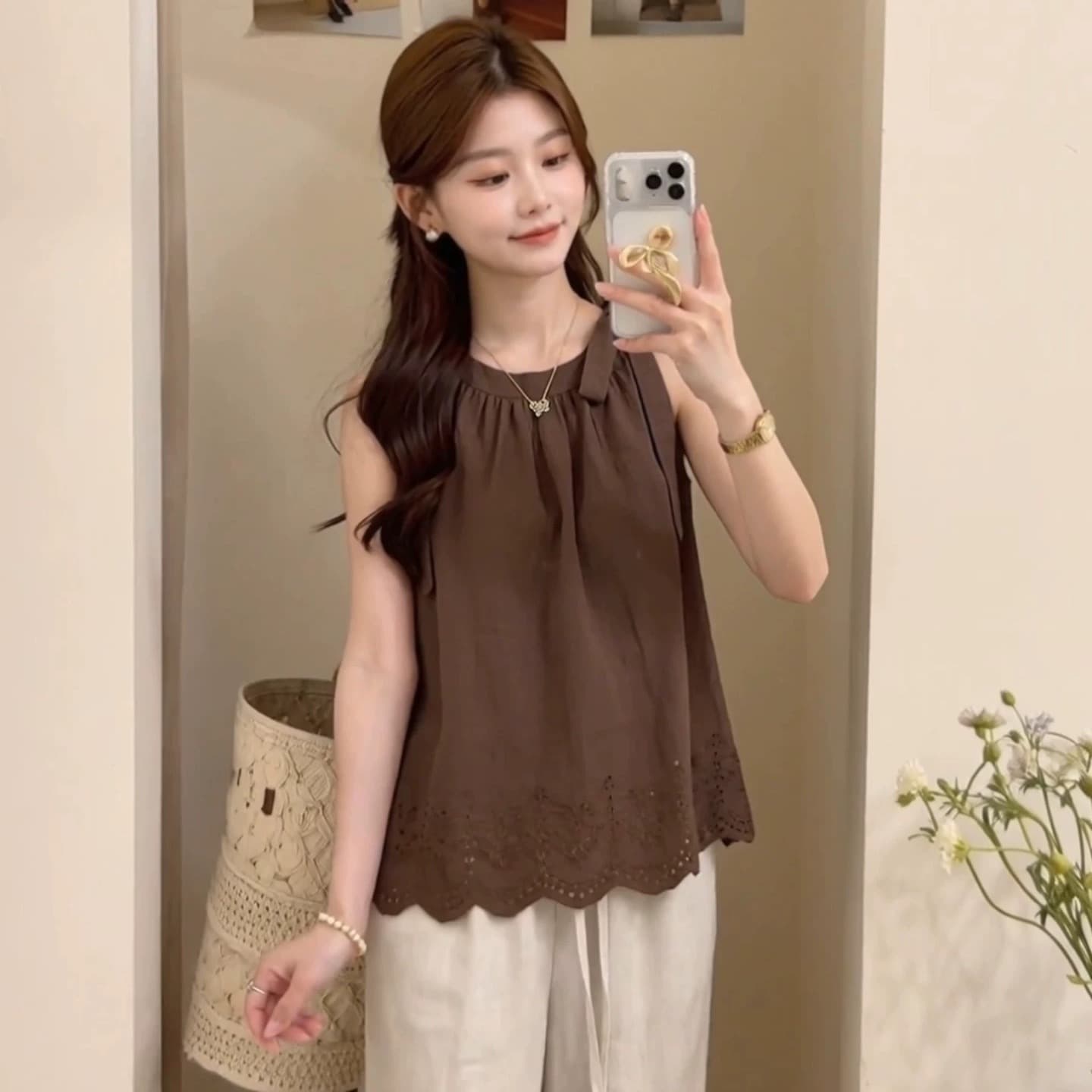 여름 새로운 외출용 쉬폰 작은 조끼 작은 대중 디자인 달콤함 작은 청신 나비 매듭 스트랩 맨위 여성 이미지 5